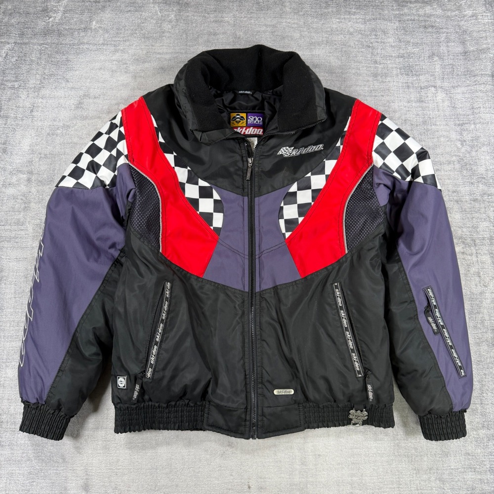 Ski Doo Jacket Mens Large Black Sno Gear Vintage 90s Snowmobile Checkered Racing